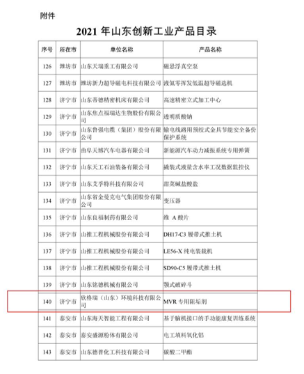 欣格瑞自主研發(fā)的MVR專用阻垢劑入選“2021年山東創(chuàng)新工業(yè)產(chǎn)品”