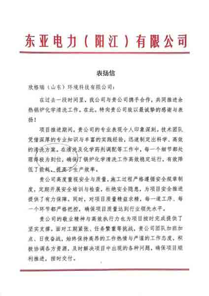 攜手共贏·匠心服務(wù)再獲認(rèn)可 ——欣格瑞公司承接的東亞電力（陽江）余熱鍋爐化學(xué)清洗項目獲客戶表揚(yáng)
